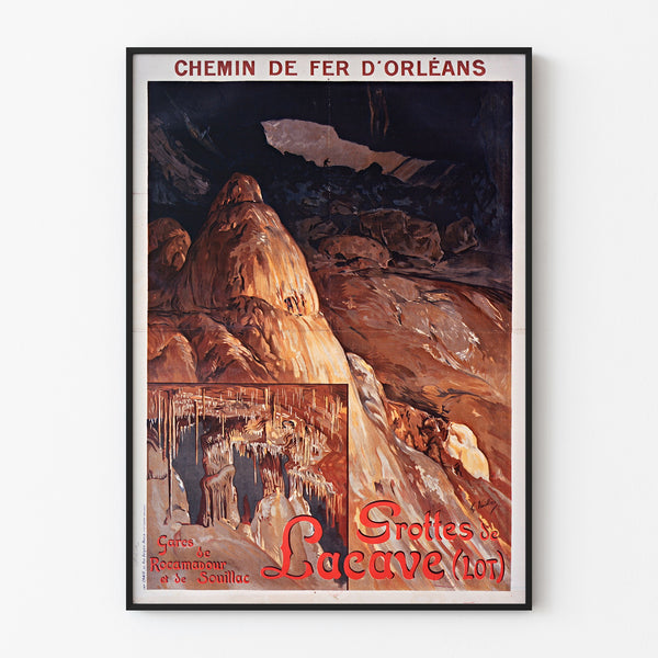 Turistivintag-juliste – Grottes de Lacave, Rocamadour, ohutkehyksessä vaalealla seinällä.
