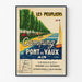 Vintagematkailujuliste – Les Peupliers, Pont-de-Vauxin leirintäalue, ohutkehystettynä vaalealla seinällä.