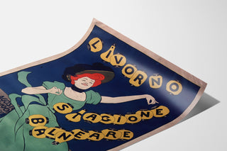 Vintage-matkailujuliste – Livorno, rantakausi, asetettuna kaartuvalle paperiarkille, perspektiivikuva.