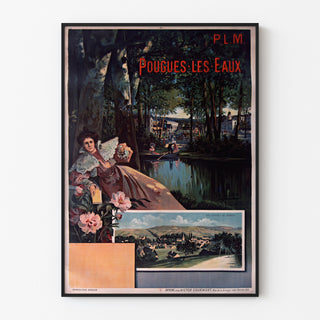 Vintage-matkailujuliste – Pougues-les-Eaux, PLM, ohuessa kehyksessä vaalealla seinällä.