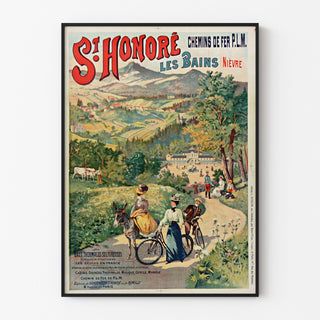 Vintagetyylinen matkailujuliste – Saint-Honoré-les-Bains, kylpylävettä, ohueen kehykseen asetettuna vaalealla seinällä.