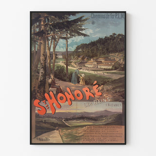 Vintagetyylinen matkailujuliste – Saint-Honoré-les-Bains, PLM, ohueen kehykseen asetettuna vaalealla seinällä.