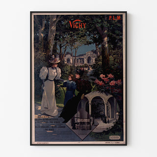 Vintagematkailujuliste – Vichy, PLM, ohutkehystettynä vaalealla seinällä.
