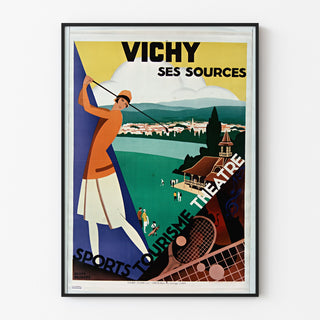 Vintagematkajuliste – Vichy, lähteet ja matkailu, esitetty ohuessa kehyksessä vaalealla seinällä.