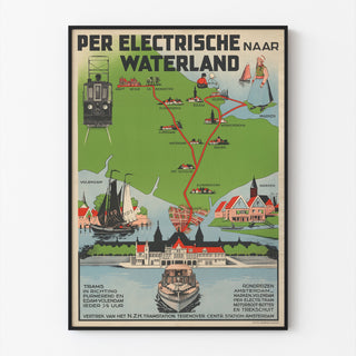 Vintage-matkailujuliste – Waterland, raitiovaunu, ohuessa kehyksessä vaalealla seinällä.