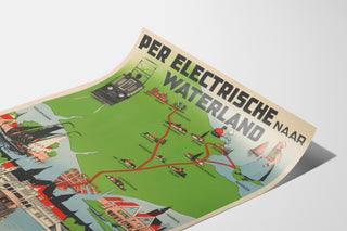 Vintage-matkailujuliste – Waterland, raitiovaunu, kaartuvalla paperilla perspektiivistä nähtynä.