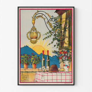 Vintageseinäjuliste viinistä – Au bon vin d’Alsace – Hansi, esitetty ohuessa kehyksessä vaalealla seinällä.