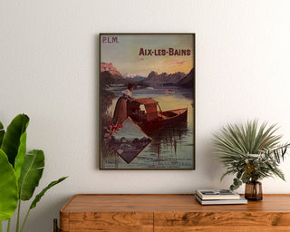 Vintage-juliste Aix-les-Bains, PLM ryhmäliput, kehystettynä puurasian yläpuolelle, kasvien välissä.