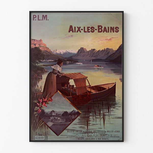 Vintage-juliste Aix-les-Bains, PLM ryhmäliput, ohueen kehykseen kehystettynä vaalealla seinällä.