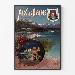 Vintage-juliste Aix-les-Bains, yöjuhla, ohueen kehykseen kehystettynä vaalealla seinällä.