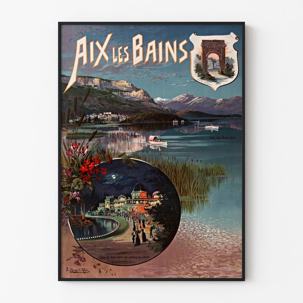 Vintage-juliste Aix-les-Bains, yöjuhla, ohueen kehykseen kehystettynä vaalealla seinällä.