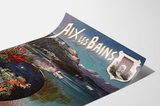 Vintage-juliste Aix-les-Bains, yöjuhla, esitettynä kaartuvalla arkilla perspektiivissä.