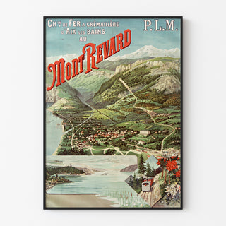 Vintage-juliste Aix-les-Bains, Mont-Revard, hammaspyöräjuna, ohueen kehykseen kehystettynä vaalealla seinällä.