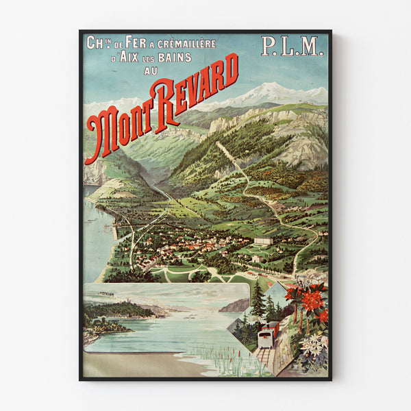 Vintage-juliste Aix-les-Bains, Mont-Revard, hammaspyöräjuna, ohueen kehykseen kehystettynä vaalealla seinällä.