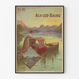 Vintage-juliste Aix-les-Bains, PLM, ohueen kehykseen kehystettynä vaalealla seinällä.