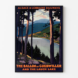 Vintageseinäjuliste Alsace-Lorraine, Guebwillerin ilmapallo, esitetty ohuessa kehyksessä vaalealla seinällä.