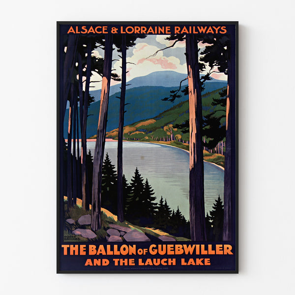 Vintageseinäjuliste Alsace-Lorraine, Guebwillerin ilmapallo, esitetty ohuessa kehyksessä vaalealla seinällä.