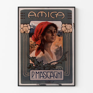 Vintage-juliste Amica, ooppera, ohuessa kehyksessä vaalealla seinällä.