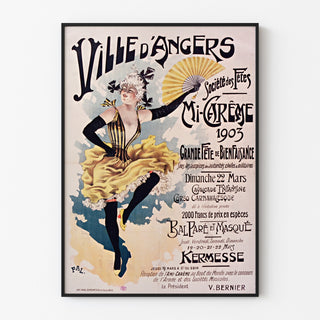 Vintageseinäjuliste Angers, mi‑carême, kapea kehystys vaalealla seinällä.