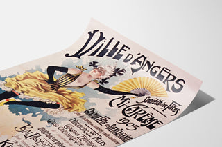 Vintageseinäjuliste Angers, mi‑carême, esitetty kaartuvalla paperilla perspektiivissä.