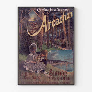 Vintage-juliste Arcachon, talvikausi, esillä ohuessa kehyksessä vaalealla seinällä.