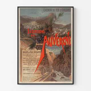 Vintage-juliste Auvergne, retket Orléans, ohuessa kehyksessä vaalealla seinällä.