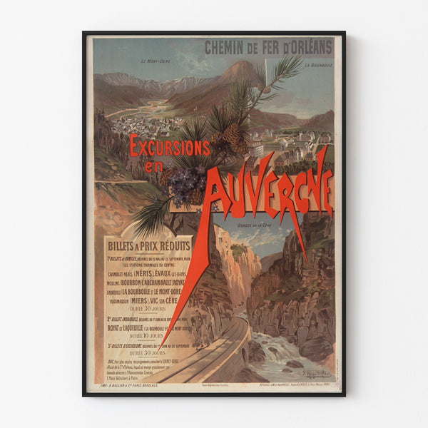 Vintage-juliste Auvergne, retket Orléans, ohuessa kehyksessä vaalealla seinällä.