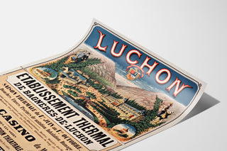 Vintage-juliste Bagnères-de-Luchon, kylpyläelinkeino, esitetty käyryllä arkilla perspektiivistä nähtynä.