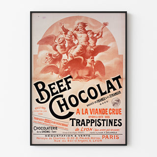 Vintage-juliste Beef Chocolat, Drômen suklaatehdas, ohuessa kehyksessä vaalealla seinällä.