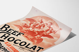Vintage-juliste Beef Chocolat, Drômen suklaatehdas, esitetty kaartuvalla paperiarkilla perspektiivissä.