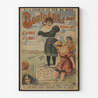 Vintage-juliste Boulogne-sur-Mer, 24 express, ohuessa kehyksessä vaalealla seinällä.