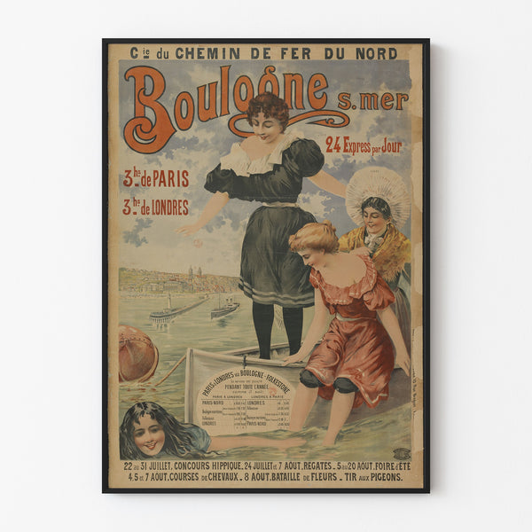 Vintage-juliste Boulogne-sur-Mer, 24 express, ohuessa kehyksessä vaalealla seinällä.