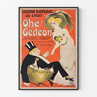 Vintageseinäjuliste Casino Kursaal, "Ohé Gédéon", esitetty ohuessa kehyksessä vaalealla seinällä.