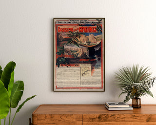 Vintageseinäjuliste Cévennes, junaretkiä, kehystetty komodin yläpuolella, kasvien välissä.