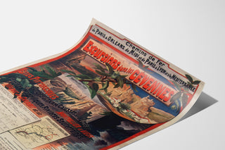 Vintageseinäjuliste Cévennes, junaretkiä, esitetty kaartuvalla paperilla perspektiivissä.