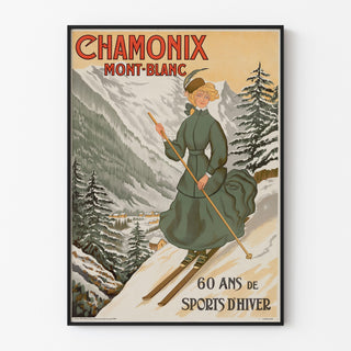 Vintagetyylinen Chamonix-juliste, 60 ans de sports d’hiver, ohutkehyksessä vaalealla seinällä.