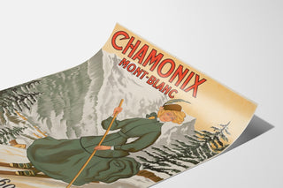 Vintagetyylinen Chamonix-juliste, 60 ans de sports d’hiver, esitettynä kaartuvalla paperilla perspektiivistä nähtynä.