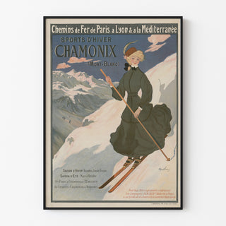 Vintagetyylinen Chamonix-juliste, winter sports PLM, ohutkehyksessä vaalealla seinällä.