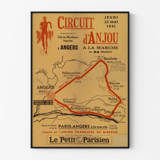 Vintag-juliste Circuit d’Anjou, vaellus, ohutkehyksessä vaalealla seinällä.