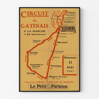 Vintag-juliste Circuit du Gâtinais, vaellus, ohutkehyksessä vaalealla seinällä.