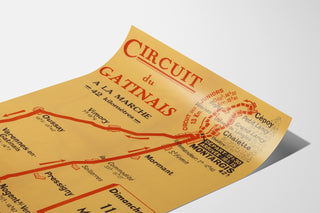 Vintag-juliste Circuit du Gâtinais, vaellus, esitetty kaartuvalla arkilla perspektiivissä.