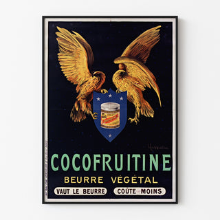 Vintage-juliste Cocofruitine, kasvirasvavoi, ohuessa kehyksessä vaalealla seinällä.