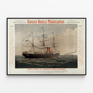 Vintagelaivausjuliste Compagnie Générale Transatlantique – Lignes des Antilles, ohutkehystettynä vaalealla seinällä.