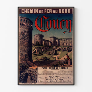 Vintageljuliste Coucy, Chemins de fer du Nord, ohutkehystettynä vaalealla seinällä.