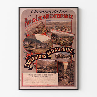 Vintage-juliste Dauphiné, PLM-retkiä, esitetty ohuessa kehyksessä vaalealla seinällä.