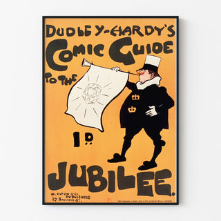 Vintage-juliste Dudley Hardy, Comic Guide, ohuessa kehyksessä vaalealla seinällä.