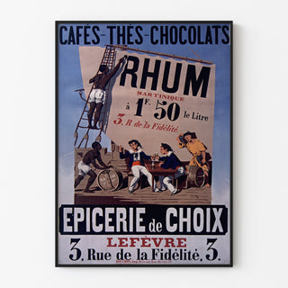 Vintage-juliste Épicerie Lefèvre, kahvit ja suklaat, ohuessa kehyksessä vaalealla seinällä.