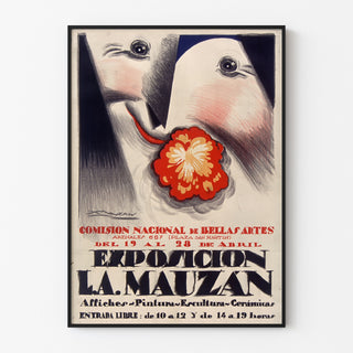 Vintageljuliste Exposition Achille Mauzan, ohutkehystettynä vaalealla seinällä.