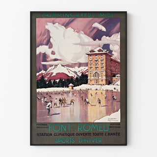 Vintageseinäjuliste Font-Romeu, talviurheilu, esitetty ohuessa kehyksessä vaalealla seinällä.