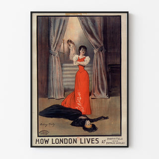 Vintage-juliste How London Lives, Surrey Theatre, ohuessa kehyksessä vaalealla seinällä.